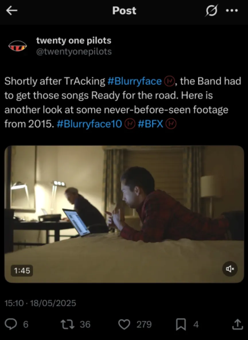 Shortly after !![%T%]!!r!![%A%]!!cking #Blurryface, the !![%B%]!!and had to get those songs !![%R%]!!eady for the road. Here is another look at some never-before-seen footage from 2015. #Blurryface10 #BFX