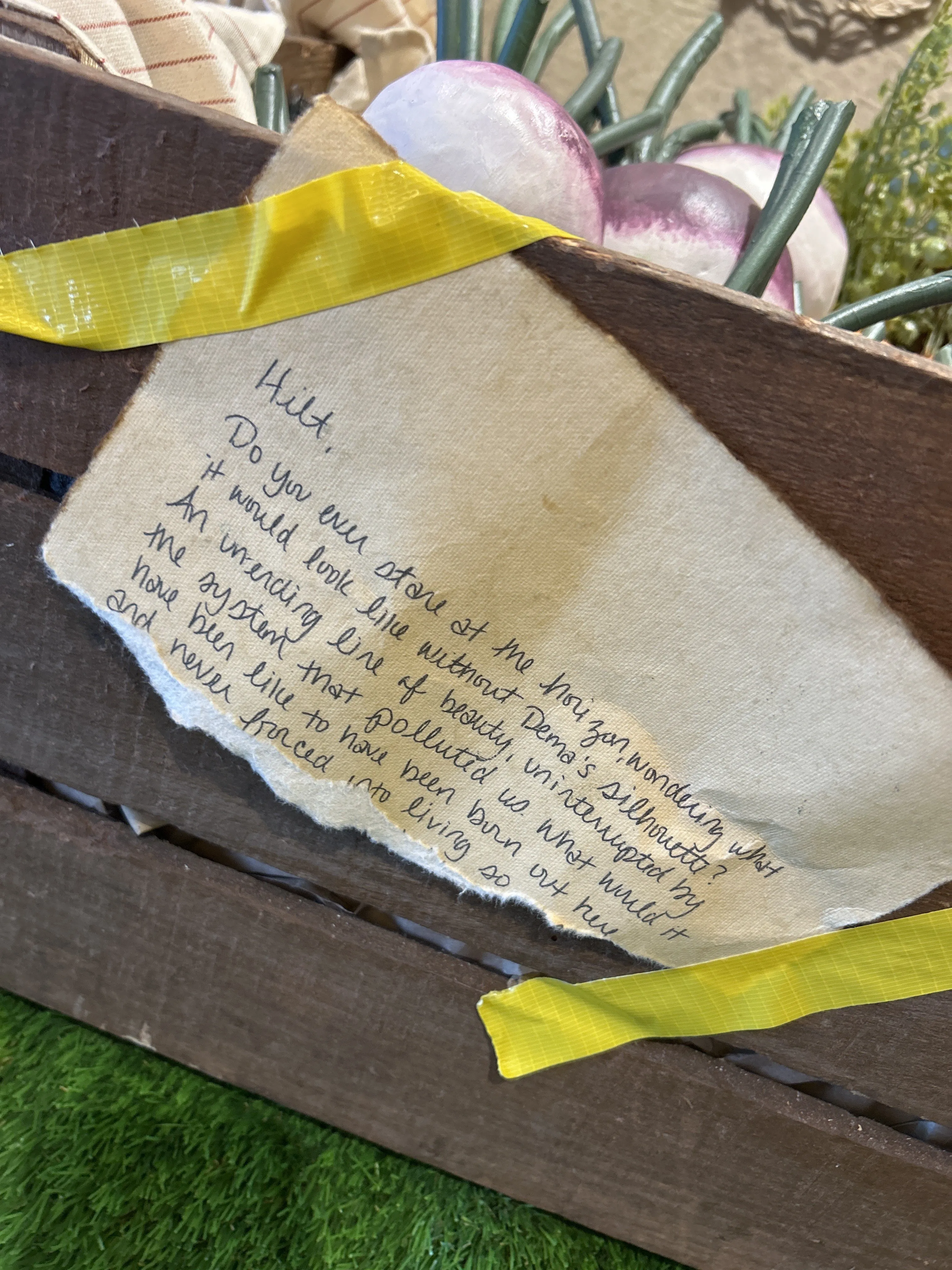 Hilt,

Do you ever stare at the horizon, wondering what it would look like without Dema's silhouette? An unending line of beauty, uninterrupted by the system that polluted us. What would it have been like to have been born out here and never forced into living so [...]