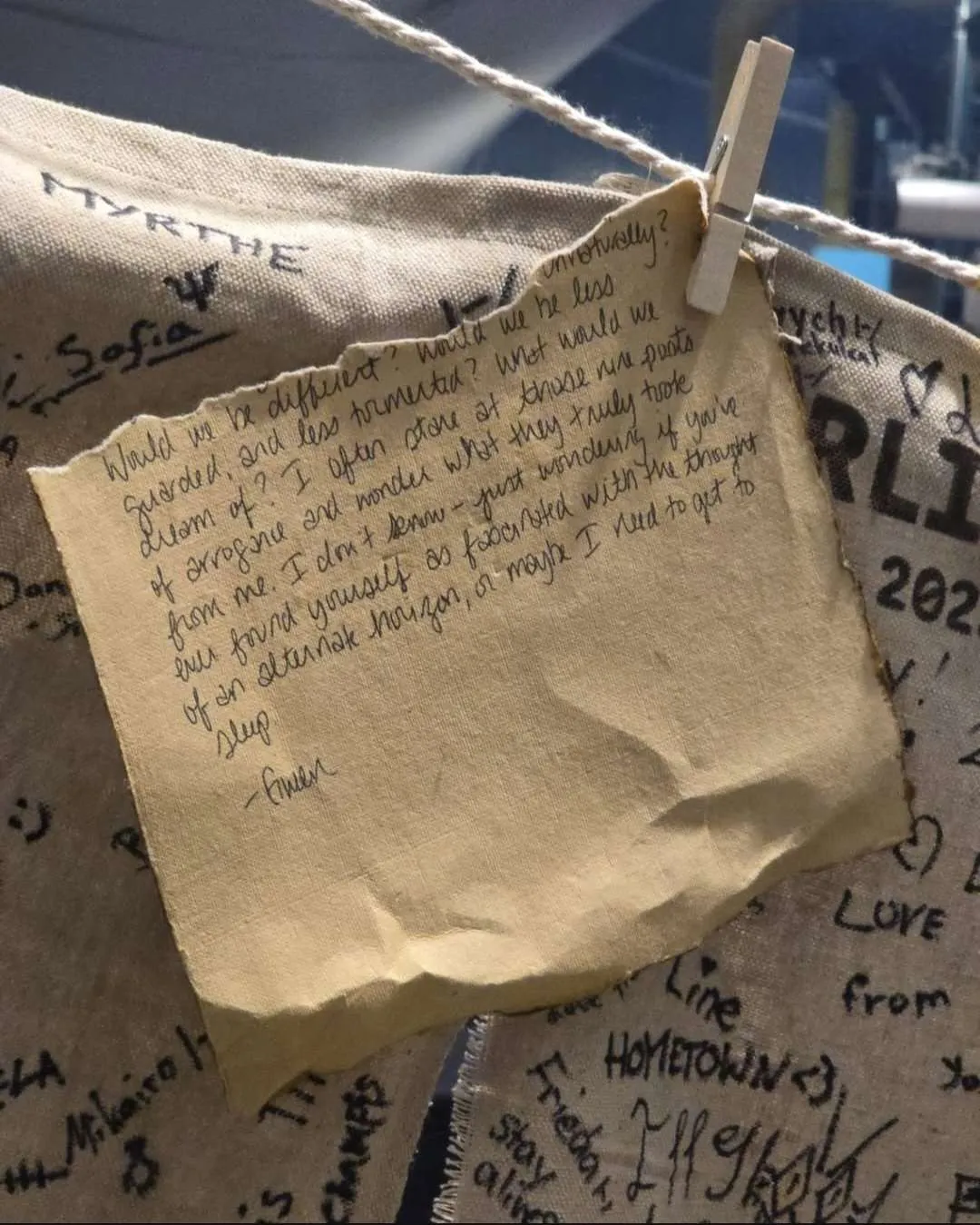 [...] unnaturally? Would we be different? Would we be less guarded, and less tormented? What would we dream of? I often stare at those nine posts of arrogance and wonder what they truly took for me. I don't know -- just wondering if you've ever found yourself as fascinated with the thought of an alternate horizon, or maybe I need to get to sleep.

-Gwen