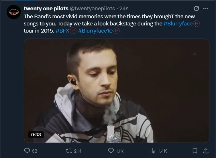 The !![%B%]!!and's most vivid memories were the times they brough!![%T%]!! the new songs to you. Today we take a look ba!![%C%]!!kstage during the #Blurryface tour in 2015. #BFX #Blurryface10