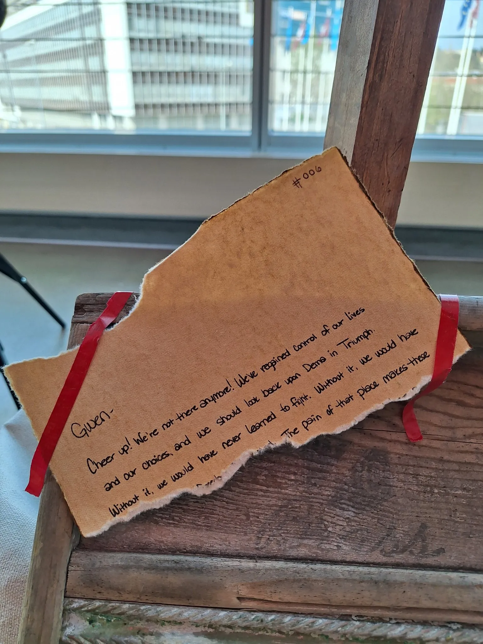 Gwen,

Cheer up! We're not there anymore! We've regained control of our lives and our choices, and we should look back upon Dema in Triumph. Without it, we would have never learned to fight. Without it, we would have [...] The pain of that place makes these [...]