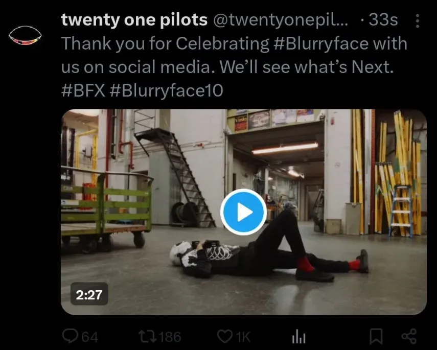 Thank you for !![%C%]!!elebrating #Blurryface with us on social media. We'll see what's !![%N%]!!ext. #BFX #Blurryface10