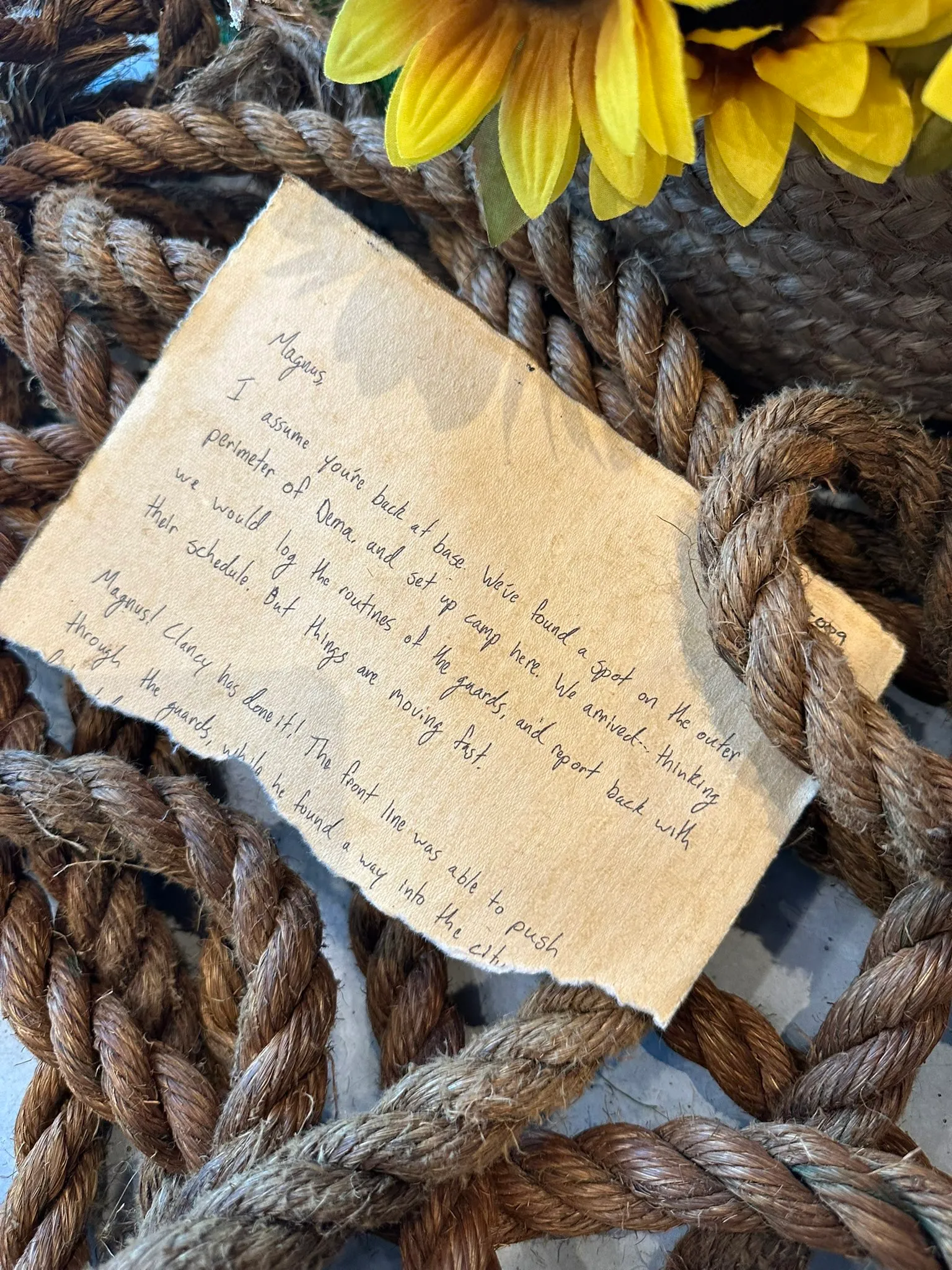 Magnus,

I assume you're back at base. We've found a spot on the outer perimeter of Dema, and set up camp here. We arrived thinking we would log the routines of the guards, and report back with their schedule. But things are moving fast.

Magnus! Clancy has done it! The front line was able to push through the guards, while he found a way into the city [...]