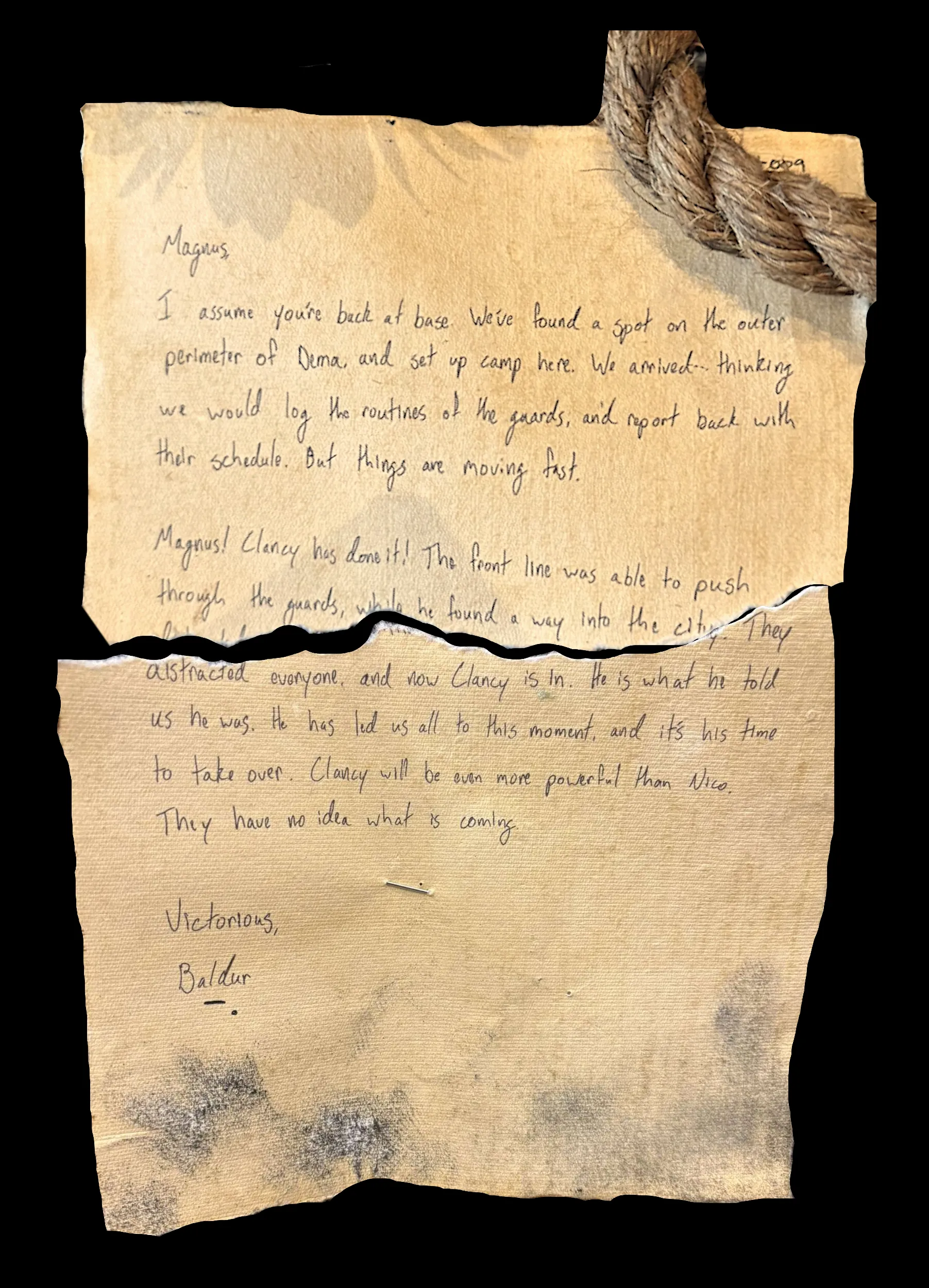 Magnus,

I assume you're back at base. We've found a spot on the outer perimeter of Dema, and set up camp here. We arrived thinking we would log the routines of the guards, and report back with their schedule. But things are moving fast.

Magnus! Clancy has done it! The front line was able to push through the guards, while he found a way into the city. They distracted everyone, and now Clancy is in. He is what he told us he was. He has led us all to this moment, and it's his time to take over. Clancy will be even more powerful than Nico. They have no idea what is coming.

Victorious,
Baldur
!![%-.%]!!